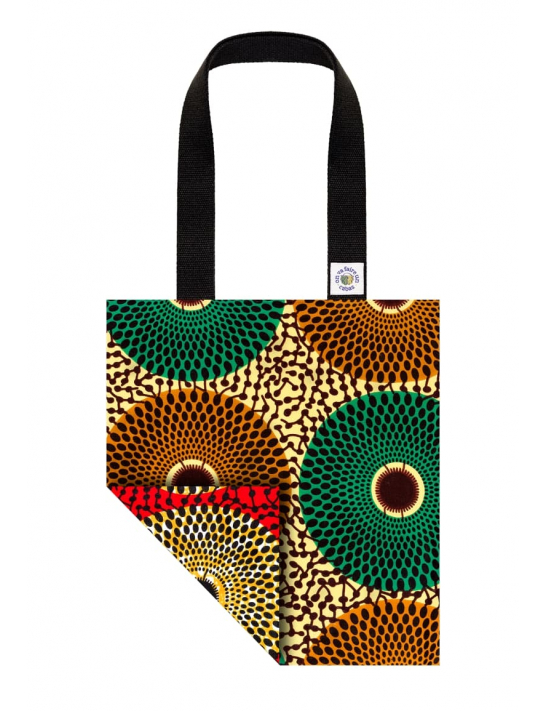 Un sac en tissu wax aux teintes chaudes et au motif bohème, parfait pour une touche d’originalité au quotidien