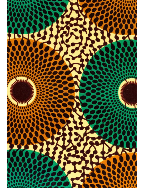 Le motif disque ou soleil d'inspiration africaine, un tissu coloré alliant les tons verts et marron