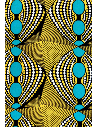 Une ambiance hypnotique et géométrique pour ce tissus d'inspiration africaine aux coloris jaune et bleu