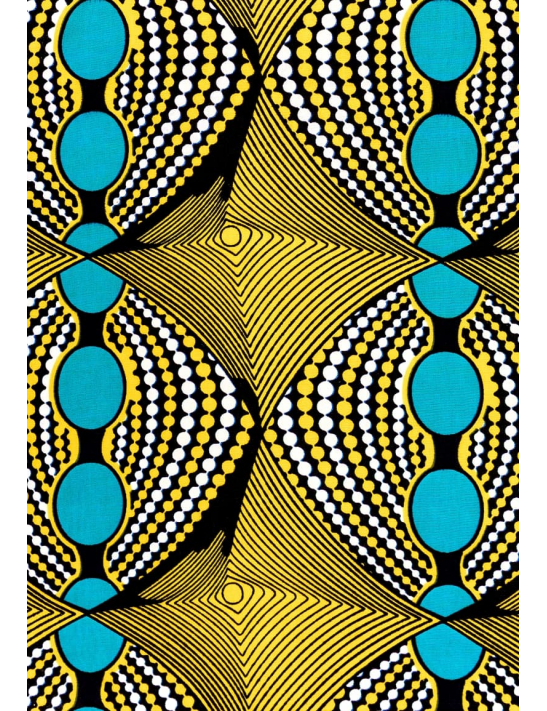 Une ambiance hypnotique et géométrique pour ce tissus d'inspiration africaine aux coloris jaune et bleu