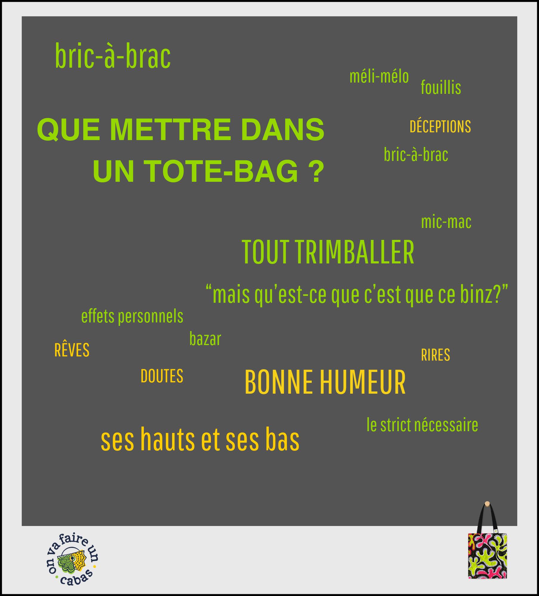 Inventaire bazar du quotidien dans un tote-bag