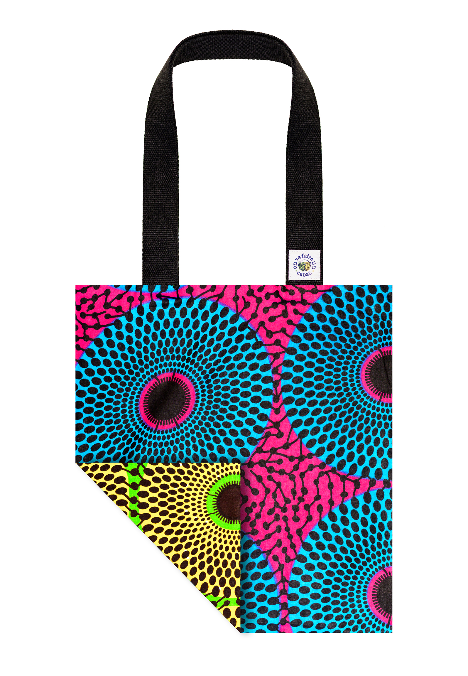 Sacs tote bag motif disque africain rose et bleu